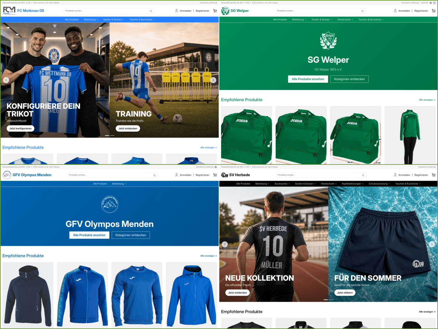 Vier Pilot-Vereinsshops nebeneinander — FC Mettmann 08, SV Herbede, SG Welper, GFV Olympos Menden