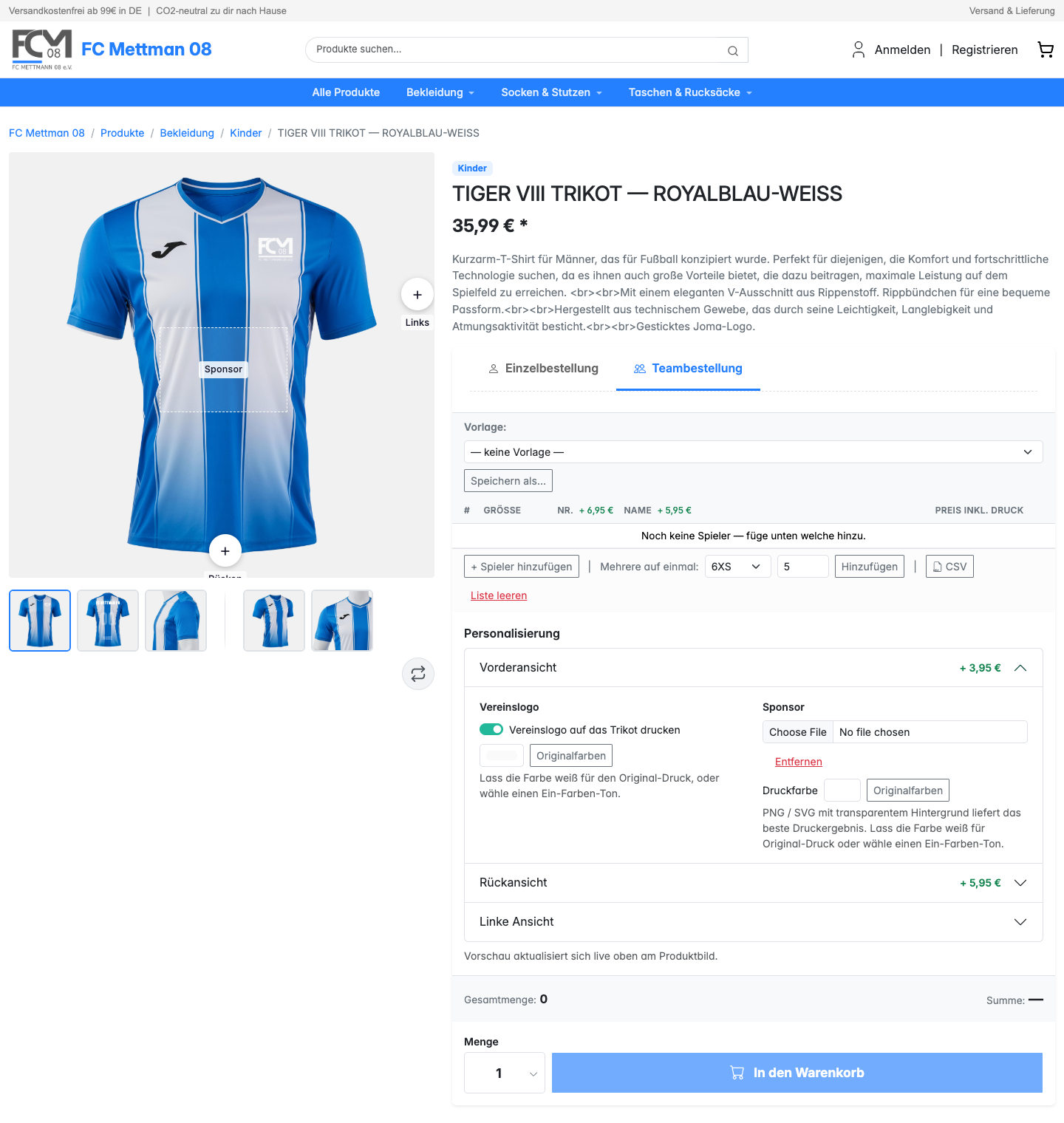 Vereinsshop FC Mettmann 08 — Teambestellung mit Spieler-Slots, Größen, Druckzonen und Personalisierung